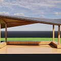 Wooden Pergola Structure With Sloped Roof And Support Columns In Outdoor Area