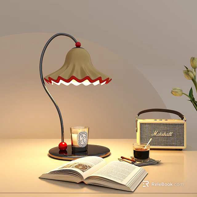 Beige Lampshade Table Lamp With Red Trim Open Book Candle And Vintage Radio 3d model 
