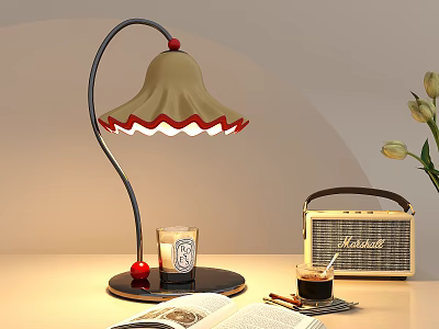 Beige Lampshade Table Lamp With Red Trim Open Book Candle And Vintage Radio 3d model