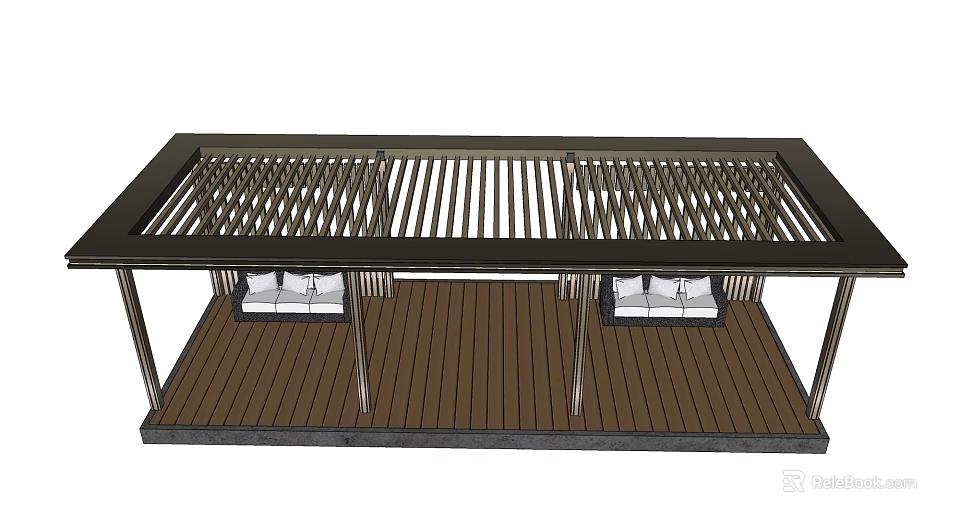 Garden Landscape Design With Wooden Deck And Metal Pergola Lattice Structure 3d model 