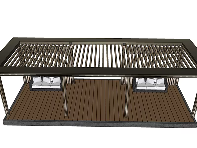 Garden Landscape Design With Wooden Deck And Metal Pergola Lattice Structure 3d model