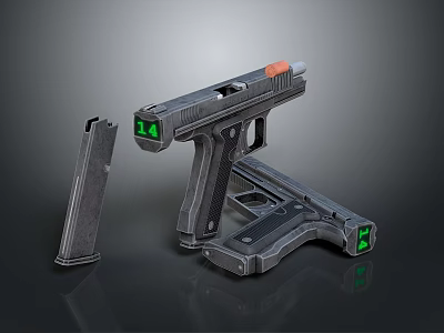 Futuristic Pistol Weapon Design With Green Glowing Parts And Detachable Magazine 3d model