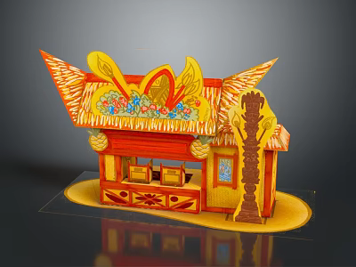 Cartoon Scene of Traditional Decorated Pavilion with Yellow Red Roof and Floral Patterns Wooden Pillar 3d model