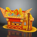 Cartoon Scene of Traditional Decorated Pavilion with Yellow Red Roof and Floral Patterns Wooden Pillar