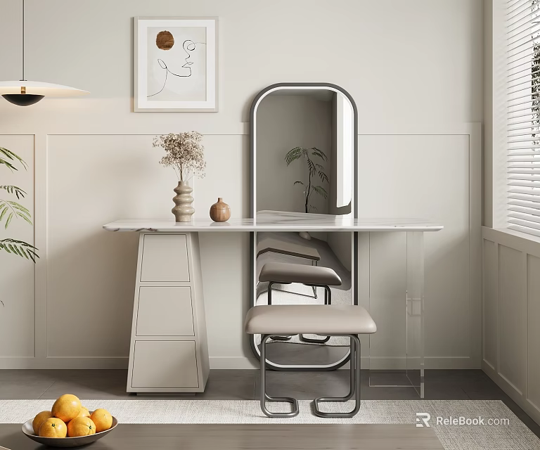 Elegant Dressing Table with Mirror Stool White Countertop Vase Flowers in Light Wall Room 3d model 