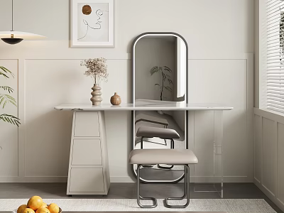 Elegant Dressing Table with Mirror Stool White Countertop Vase Flowers in Light Wall Room 3d model