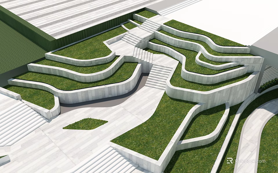 Modern Tree Pit Landscape Design Featuring Curved Concrete Borders Green Grass And Steps 3d model 