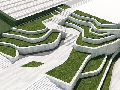 Modern Tree Pit Landscape Design Featuring Curved Concrete Borders Green Grass And Steps 3d model