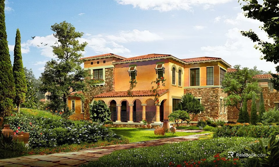 Single-family Villa With Yellow Exterior Red Roof And Arched Porch Surrounded By Greenery 3d model 