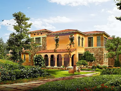 Single-family Villa With Yellow Exterior Red Roof And Arched Porch Surrounded By Greenery 3d model