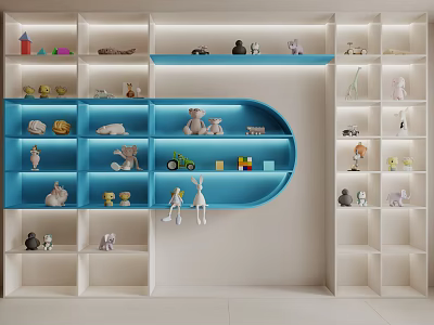 Modern Decorative Cabinet with Blue Shelves and Various Small Figurines 3d model
