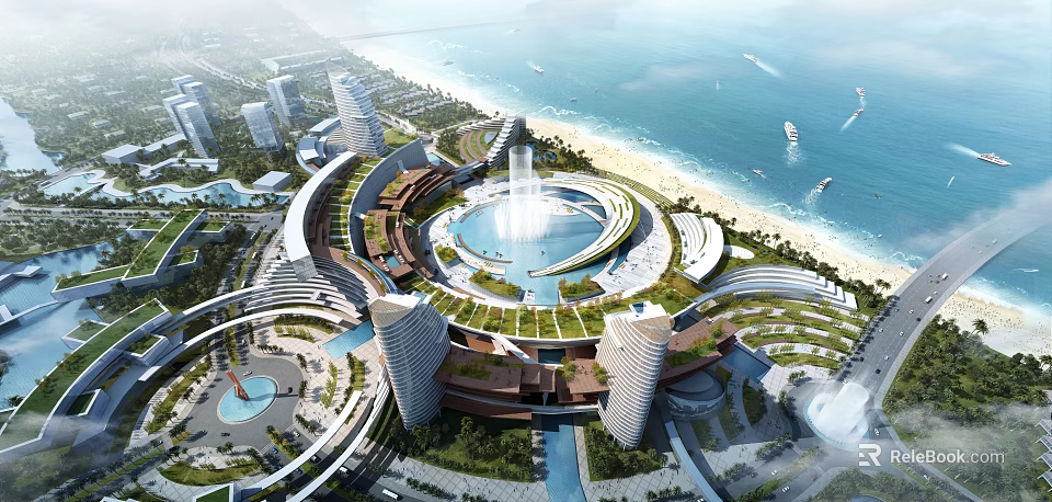 Modern Beachfront Hotel Building With Circular Fountain Green Rooftops Tall Towers And Ocean View 3d model 