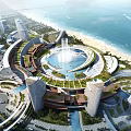 Modern Beachfront Hotel Building With Circular Fountain Green Rooftops Tall Towers And Ocean View