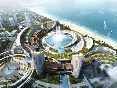 Modern Beachfront Hotel Building With Circular Fountain Green Rooftops Tall Towers And Ocean View 3d model