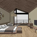 Hotel Room with Wooden Ceiling Large Bed Floor to Ceiling Window and Sea View