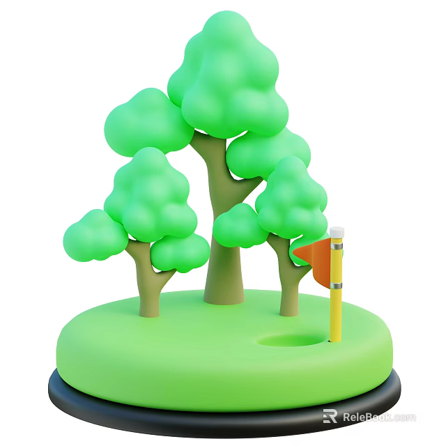 Miniature Scenic Model With Green Trees Yellow Flagpole And Orange Flag On Green Base 3d model 
