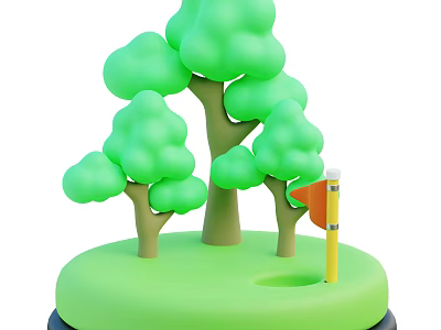 Miniature Scenic Model With Green Trees Yellow Flagpole And Orange Flag On Green Base 3d model