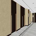 Modern Elevator Hallway Design With Wooden Panel Walls And Recessed Ceiling Lights 3d model