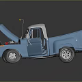 Vintage Blue Pickup Truck With Open Hood And Exposed Engine