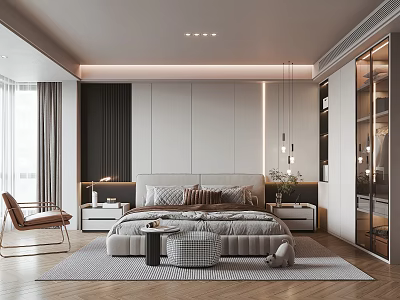 Modern Elegant Bedroom Interior With Bedhead LED Lights Accent Chair Area Rug And Open Wardrobe 3d model