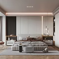 Modern Elegant Bedroom Interior With Bedhead LED Lights Accent Chair Area Rug And Open Wardrobe