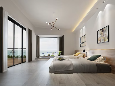Modern Kids Room Interior With Comfy Bed Large Windows Pendant Light And Wall Art 3d model