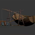 Traditional Wooden Boat with Oars Blue Bucket Small Stool and Fish Drying Rack