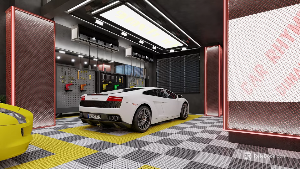 White Sports Car Parked In Indoor Workshop With Yellow Checkered Floor And Tools 3d model 
