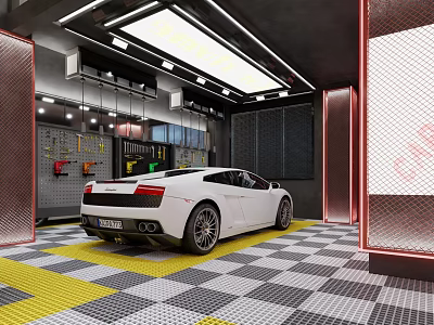White Sports Car Parked In Indoor Workshop With Yellow Checkered Floor And Tools 3d model