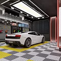 White Sports Car Parked In Indoor Workshop With Yellow Checkered Floor And Tools