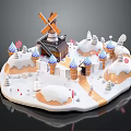 Cartoon Scene With Windmill Ice Cream Shaped Buildings Snowy Ground And Path