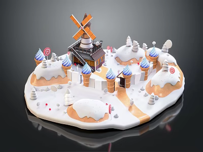 Cartoon Scene With Windmill Ice Cream Shaped Buildings Snowy Ground And Path 3d model