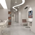 Modern Hair Salon Interior With White Styling Chairs Round Lights And Mirrors