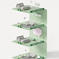 Green Multi Layer Display Shelf With Sofa Bed Fan Furniture Models And MAX SAMPLE Labels 3d model