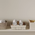 Different Storage Baskets With Rolled Towels On Beige Shelf For Home Organization 3d model