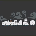 Various White Electronic Appliances Arranged With Decorative Clouds And Small Figurine