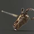 Long Handle Ornate Weapon With Metallic Bull Head Design And Gold Accents