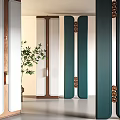 Modern Minimalist Room Divider With Teal White Brown Panels And Circular Brass Decorations