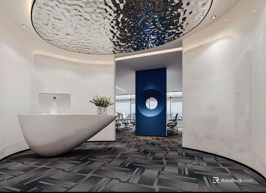 Modern Front Desk Reception Area With Blue Accent Wall Circular Cutout And Wave Ceiling 3d model 