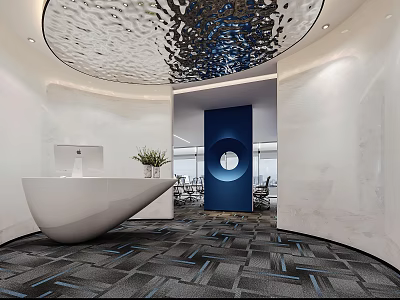 Modern Front Desk Reception Area With Blue Accent Wall Circular Cutout And Wave Ceiling 3d model