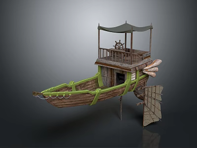 Vintage Wooden Boat Design Featuring Green Accents Canopied Upper Deck And Paddle Wheel 3d model