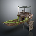 Vintage Wooden Boat Design Featuring Green Accents Canopied Upper Deck And Paddle Wheel