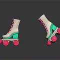 White Roller Skates With Pink Laces Green Accents And Pink Wheels