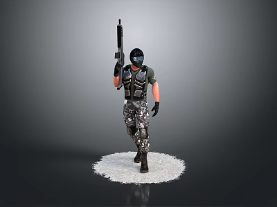 Tactical Military Figure Wearing Helmet And Camouflage Pants Holding Rifle On White Base 3d model