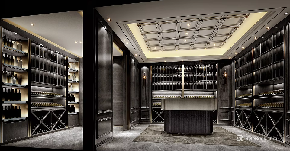 Luxurious Wine Cellar Interior With Dark Wooden Racks And Central Counter Design 3d model 