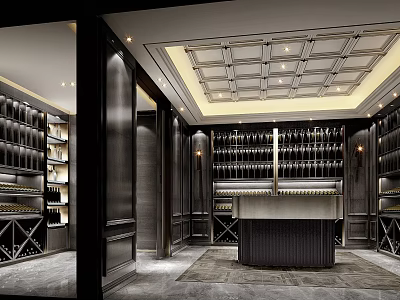 Luxurious Wine Cellar Interior With Dark Wooden Racks And Central Counter Design 3d model