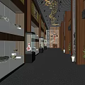 Modern Exhibition Hall Interior With Glass Display Cases And Hanging Chandeliers