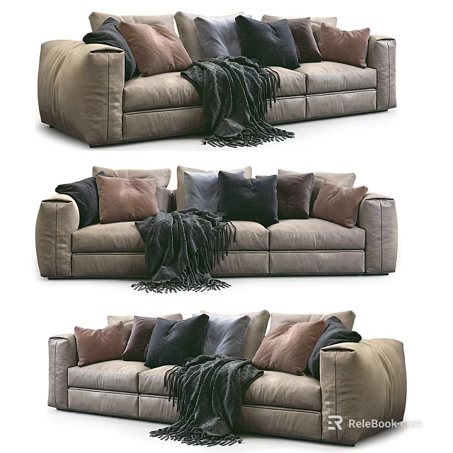 Modern Sectional Sofa with Multiple Plush Pillows and Cozy Throw Blanket 3d model