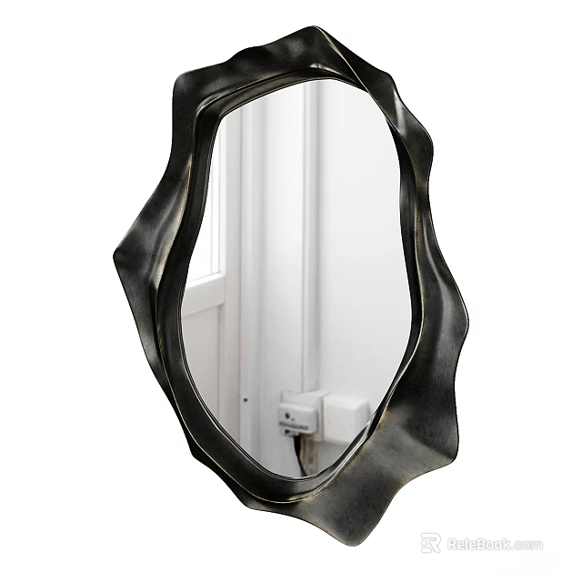Black Mirror With Irregular Wavy Frame Hanging On White Wall Reflecting Room Interior 3d model 
