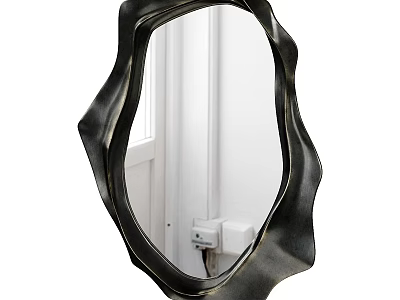 Black Mirror With Irregular Wavy Frame Hanging On White Wall Reflecting Room Interior 3d model